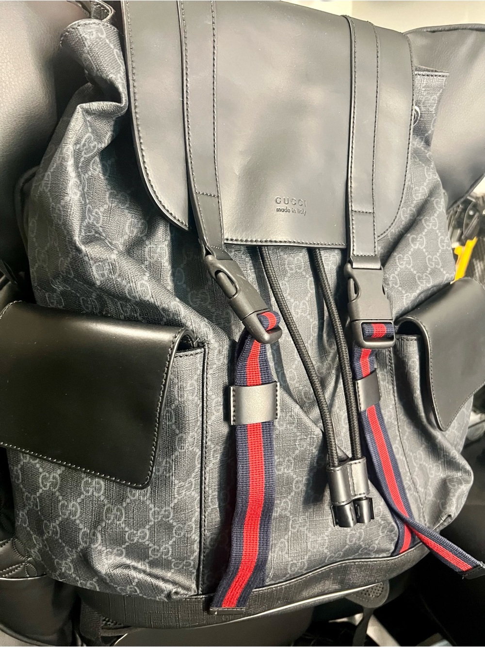 Gucci Black GG Canvas Backpack with Red and Blue Webbing